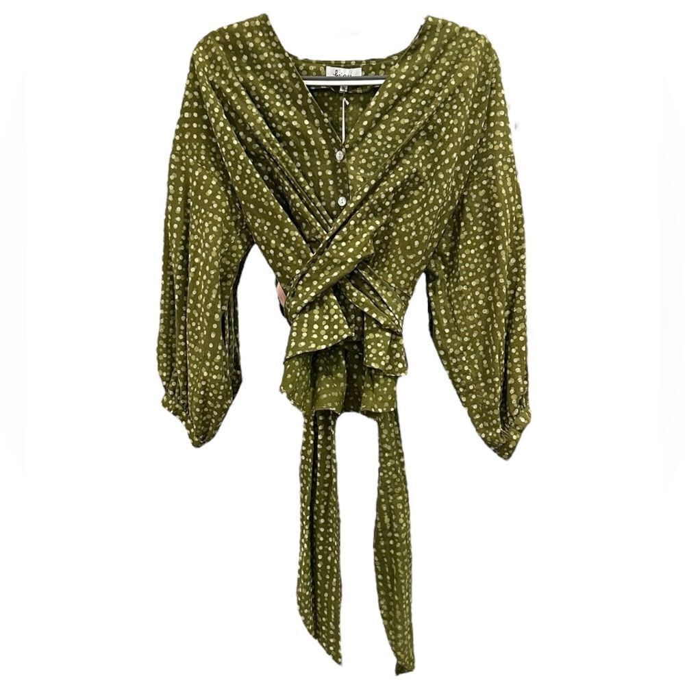 NWT RARE HEINUI Green/White Polka Dot Wrap Blouse